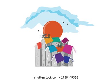 Ilustración vectorial de ciudad creativa sobre fondo blanco. El techo de los edificios es como libros coloridos y gente tendida en los techos