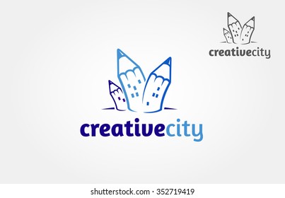 Creative City Vector Logo Template. Color line pencil house vector logo template. Easy to change colors.