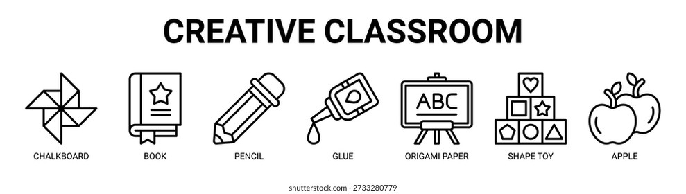 Concepto creativo de la Ilustración vectorial del icono del Anuncio del Web del aula con el icono de la pizarra, del libro, del lápiz, del pegamento, del papel del origami, del juguete de la forma, y de la manzana.
