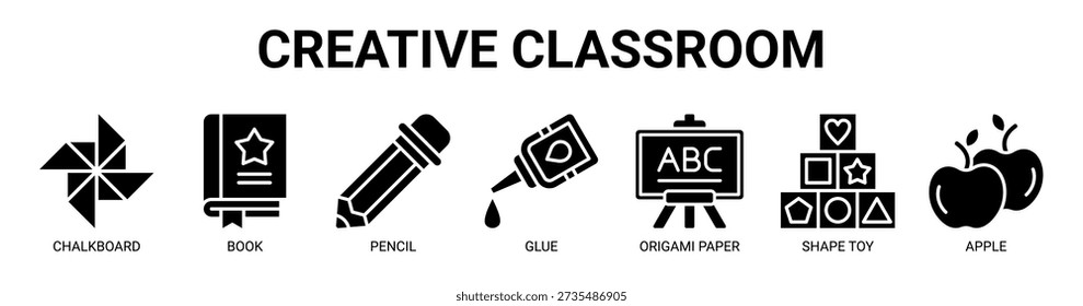 Concepto creativo de la Ilustración vectorial del icono del Anuncio del Web del aula con el icono de la pizarra, del libro, del lápiz, del pegamento, del papel del origami, del juguete de la forma, y de la manzana.