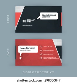 Creative and Clean Business Card Template. Red Polygonal Background with Speach Bubble