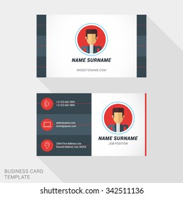 Creative and Clean Business Card Template in Red and Black Colors with Flat Style Avatar or Place for Photo. Flat Style Vector Illustration