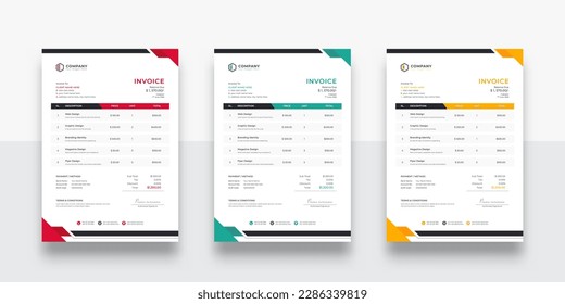 creative and Clean business Invoice design template. Creative invoice template vector. Three-color variation creative invoice template design. Tax form, bill graphic or payment receipt page set