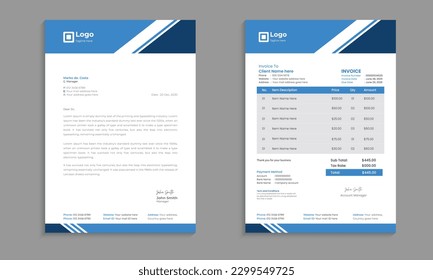 Creative and clean business-style letterhead and invoice design template in flat style print with vector layout bundle With blue and black color