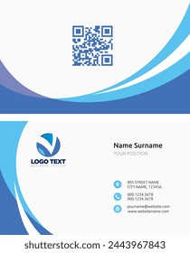 Creative and clean double sided business card template. Blue and white colors. Flat design vector illustration. QR, Print