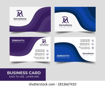 Plantilla de tarjeta de presentación de doble cara creativa y limpia. Colores azul y violeta. Ilustración de vectores de diseño plano. Diseño estacional