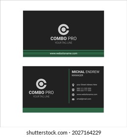 Plantilla de tarjeta de presentación de doble cara creativa y limpia. colores negro, blanco y verde. Ilustración de vectores de diseño plano. Diseño estacional