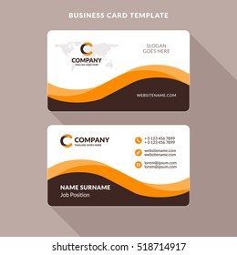 Creative and Clean Double-sided Business Card Template. Orange and Brown Colors. Flat Design Vector Illustration. Stationery Design