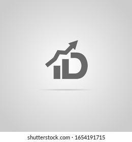 Kreatives und sauberes Buchstaben D Finanzkarte Logo Design mit Pfeil. Bilddiagramm und Wachstumssymbol-Logo-Vorlage. Finanz-Illustration für das Logo des Unternehmens. Markterfolg-Vektorillustration einzeln auf Grau.