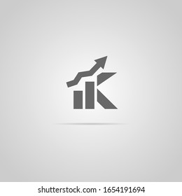 Diseño del logotipo del gráfico financiero K con letra creativa y limpia con flecha. Plantilla de logotipo del gráfico de gráficos y del símbolo de crecimiento. Icono de la ilustración financiera para el logotipo empresarial. Vector de éxito de mercado aislado en gris.