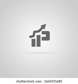 Diseño del logotipo del gráfico financiero P de letra creativa y limpia con flecha. Plantilla de logotipo del gráfico de gráficos y del símbolo de crecimiento. Icono de la ilustración financiera para el logotipo empresarial. Vector de éxito de mercado aislado en gris.