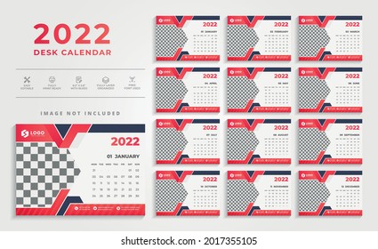 Creative Clean Red Color 2022 Desk Calendar Design Template