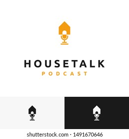 creative and clever logo that combine house logo with microphone. Suitable for podcast industry that talk about house