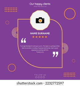 Creative client testimonial social media post design. Customer feedback testimonial social media post web banner template.
