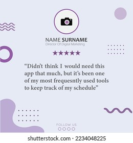 Creative client testimonial social media post design. Customer feedback testimonial social media post web banner template.