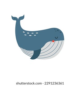 Creative clip art with blue whale. Cute kid's cartoon vector illustration in flat style. Simple minimal modern sticker for children clothes design, banner, card. Ocean kawaii animal, underwater life.