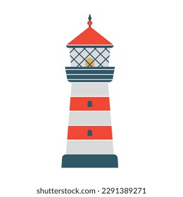 Creative clip art with cartoon lighthouse. Cute kid's vector illustration in flat style. Simple minimal modern sticker for children clothes design, banner, card. Ocean coast architecture.
