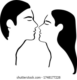 Creative clip art picture with people in profile. Black lines. Minimalistic clipped silhouettes. Love, couple, romance, kiss. Tattoo, sticker or icon. EPS 10 vector on transparent white background.
