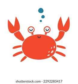 Creative clip art with red crab. Cute kid's cartoon vector illustration in flat style. Simple minimal modern sticker for children clothes design, banner, card. Ocean kawaii animal, underwater life.