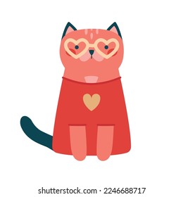 Creative clipart with cute cat in glasses with heart in flat minimalist style. Kawaii illustration for Valentine's Day card, banner, sticker, invitation. Modern colorful print with kid's drawing pet.