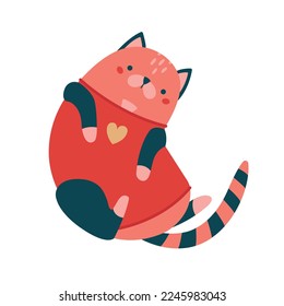 Kreative Clipkunst mit süßer Katze im Pullover mit Herz in minimalistischem Stil. Kawaii Illustration für Valentinstag-Karte, Banner, Aufkleber, Einladung. Moderner bunter Druck mit Zicklein.
