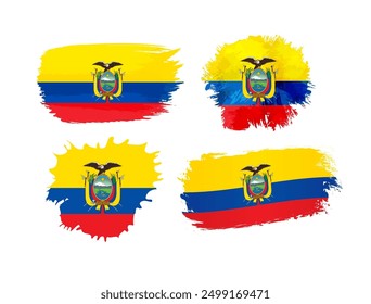 Clipart creativo de manchas de estilo acuarela con fondo de bandera ecuatoriana y máscara de recorte. Conjunto de iconos turísticos. Colección de Elementos grunge con bandera de Ecuador. Diseño aislado. Lindo concepto.