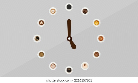 Creative clock design with coffee cups. Clock design from mugs with coffee varieties. Banner concept idea.