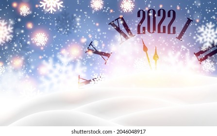 Creative clock hands showing 2022 year. Bright snowflakes on blue night background with snowdrift. Vector holiday illustration.