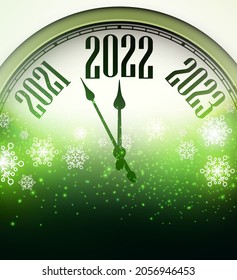Creative clock hands showing 2022 year. Snowflakes on green background. Vector holiday illustration.