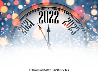 Creative clock hands showing 2022 year. Yellow and red bokeh lights on blue background. Vector holiday illustration.