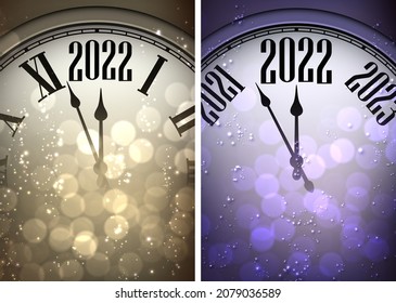 Creative clock hands showing 2022 year. Set of two posters. Bokeh lights background. Vector holiday illustration.