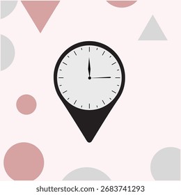 Icono de reloj creativo con forma de pin de ubicación sobre fondo geométrico abstracto. Diseño de Vector moderno que simboliza el tiempo, el horario y la navegación. Ilustración mínima para conceptos empresariales y digitales.