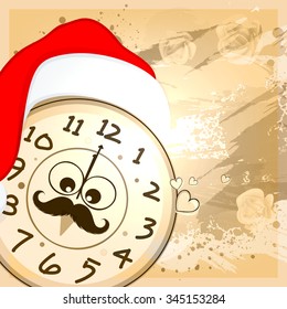 Creative clock with Santa cap, showing time for New Year celebration on abstract background. 