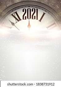 Reloj creativo que muestra 2021 año. Reloj parcialmente oculto en la deriva de las nevadas. Ilustración vectorial de vacaciones.