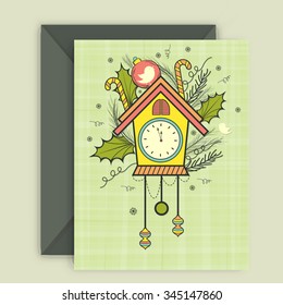 Creative clock and Xmas ornaments decorated greeting card design with envelope for Happy New Year celebration.