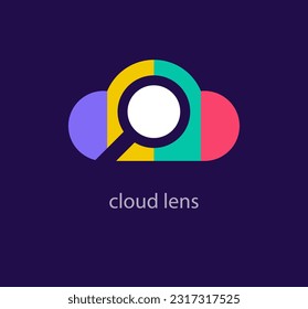 Creative cloud search logo. Unique color transitions. Unique cloud-in-the-lens logo template. vector