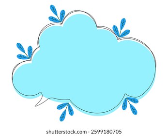 Creative cloud for text. Contour frame with leaves. Black and blue color. One icon isolated on white background. For  text message. Flat design.