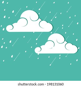 Nubes creativas y gotas de lluvia sobre el fondo verde para la feliz temporada del monzón. 