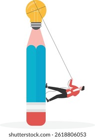 Creative clue, businessman climbing pencil trying to get glowing light bulb

