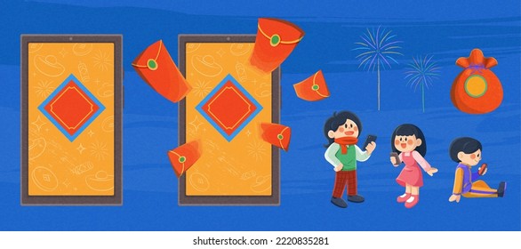 Kreatives CNY-Element einzeln auf blauem strukturiertem Hintergrund. Einschließlich Telefon-Bildschirm mit und ohne roten Umschlag fliegen, Menschen in verschiedenen Posen mit ihrem Telefon, Glücksbeutel und Feuerwerk.