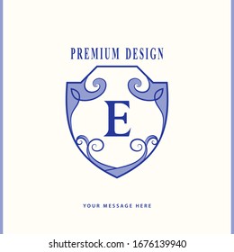 Creative coat of arms. Vintage Ornament with Letter E. Stylish Royal Emblem. Graceful Logo. Drawn Monogram for Book Design, Brand Name, Business Card, Restaurant, Boutique, Hotel. Vector illustration