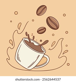 Creative coffee beans and cup splash vector design for branding and advertisements,Colorful illustration of coffee beans and milk splash perfect for cafes and coffee shops