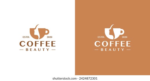 Creative Coffee Beauty Logo. Coffee Mug, Cup and Silhouette of Woman's Face with Minimalist Style. Coffee Shop Logo Icon Symbol Vector Design Template.