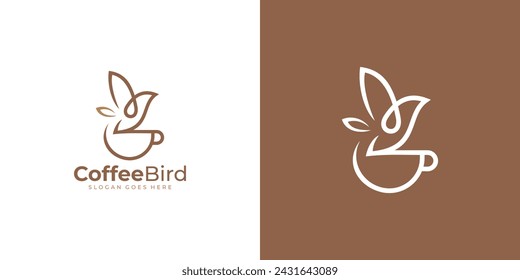 Creative Coffee Bird Logo. Flying Bird and Coffee Tea Cup with Linear Outline Style. Coffee Shop Logo Icon Symbol Vector Design Template.