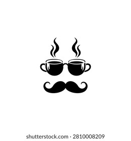 Creative coffee concept logo with two steaming cups forming eyes and a mustache below, minimalist black vector illustration