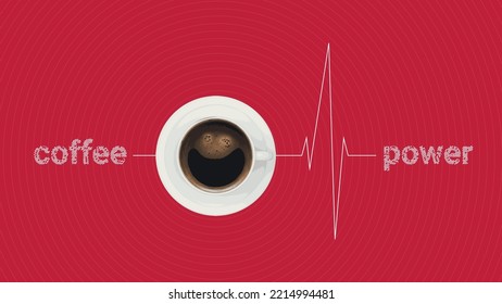 Creative coffee cup banner with pulse line. Effects and power of coffee drink, poster design. Vector concept idea.