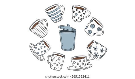Creative coffee cup design and waste bin concept for a minimalist decor