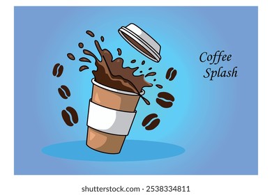 Copo de café criativo com splash flutuante e Bean Vetor gráficos, ilustração vibrante de café Splash copo com feijão fresco