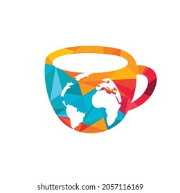 Creative Coffee cup with globe map vector logo design template.	