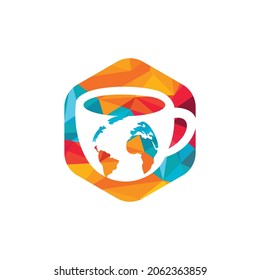 Creative Coffee cup with globe map vector logo design template.	